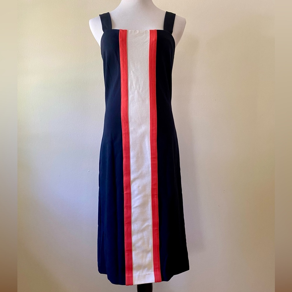 DVF sheath dress navy with accent stripes